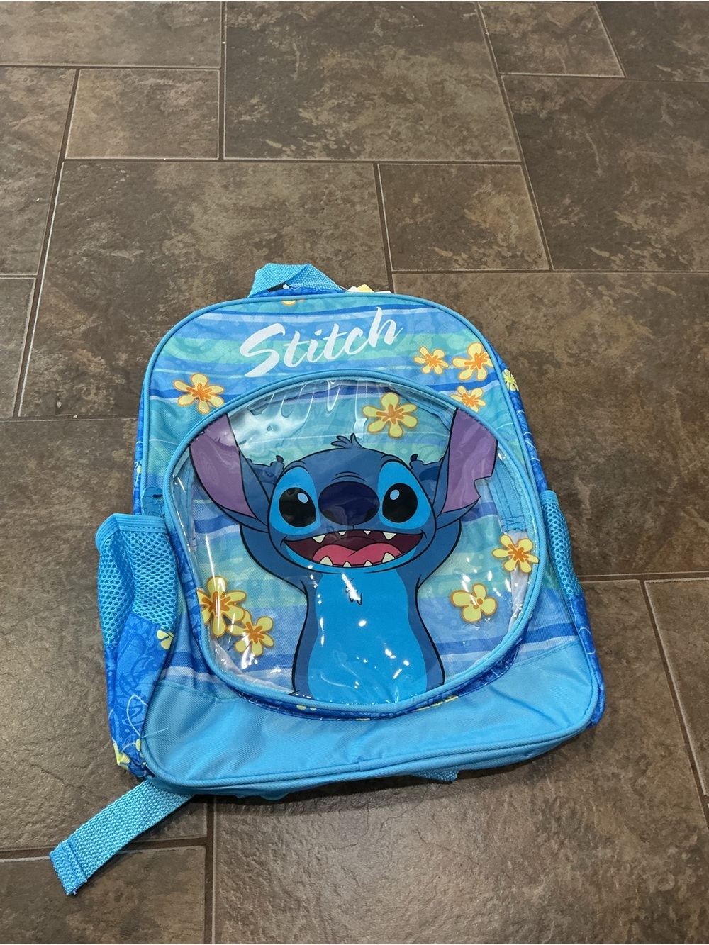 Disney Blue Stitch Backpack with Yellow Flower Details